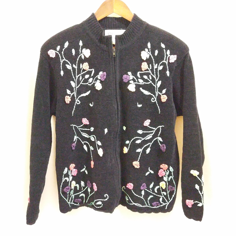 Vintage Chenille Full-Zip Black Sweater Jacket - Sz Large